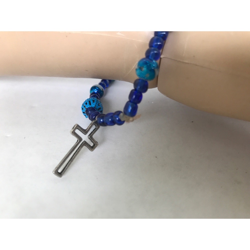 Bracelet Handmade royal blue beads stretchy cross silver tone fashion jewerly